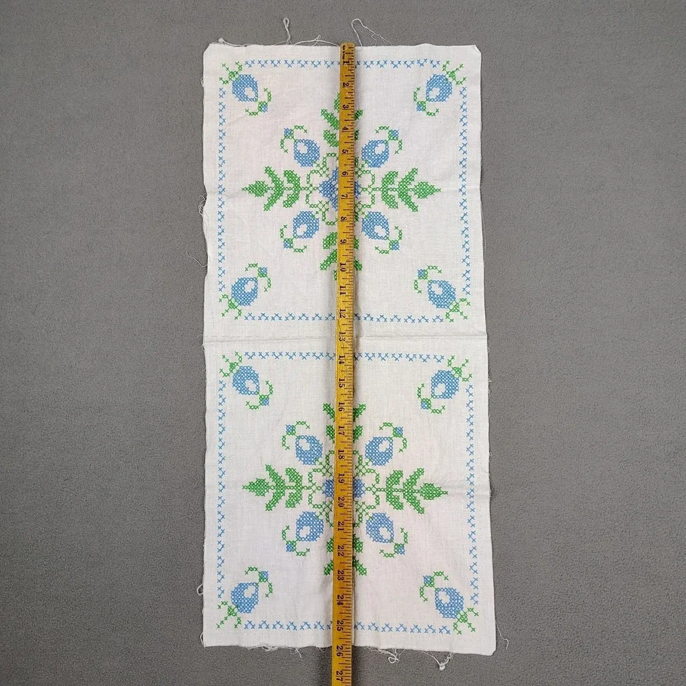 Vintage Embroidered Tea Towel Set (4) Blue White Floral Unfinished Linens 12x26
